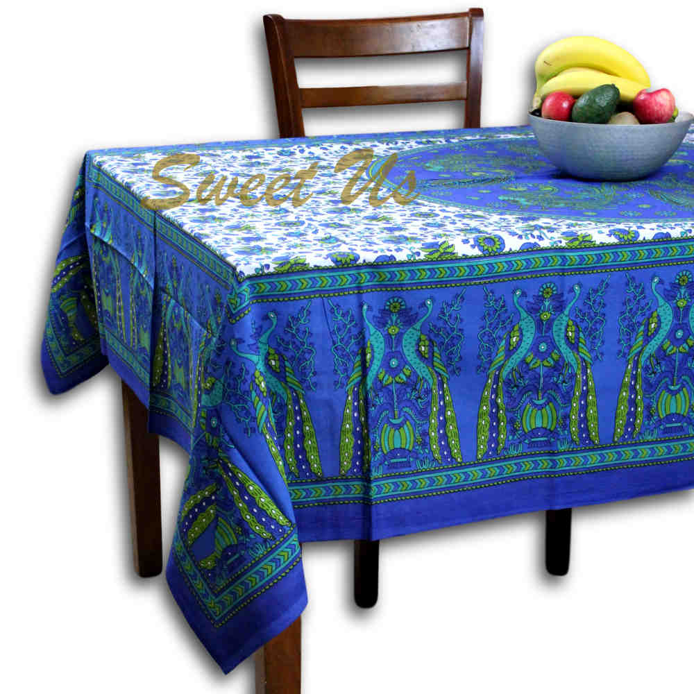 Cotton Floral Peacock Tablecloth Rectangle Square Table Cloth Blue Green - Sweet Us