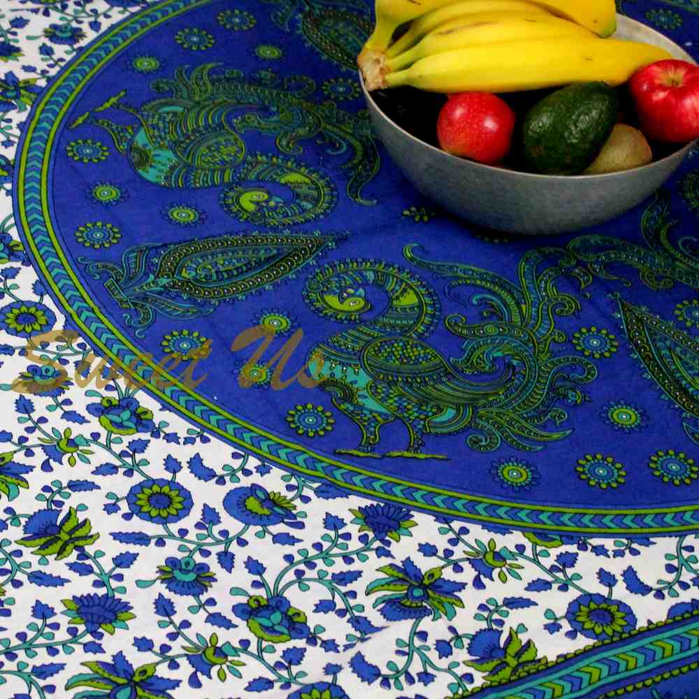 Cotton Floral Peacock Tablecloth Rectangle Square Table Cloth Blue Green - Sweet Us