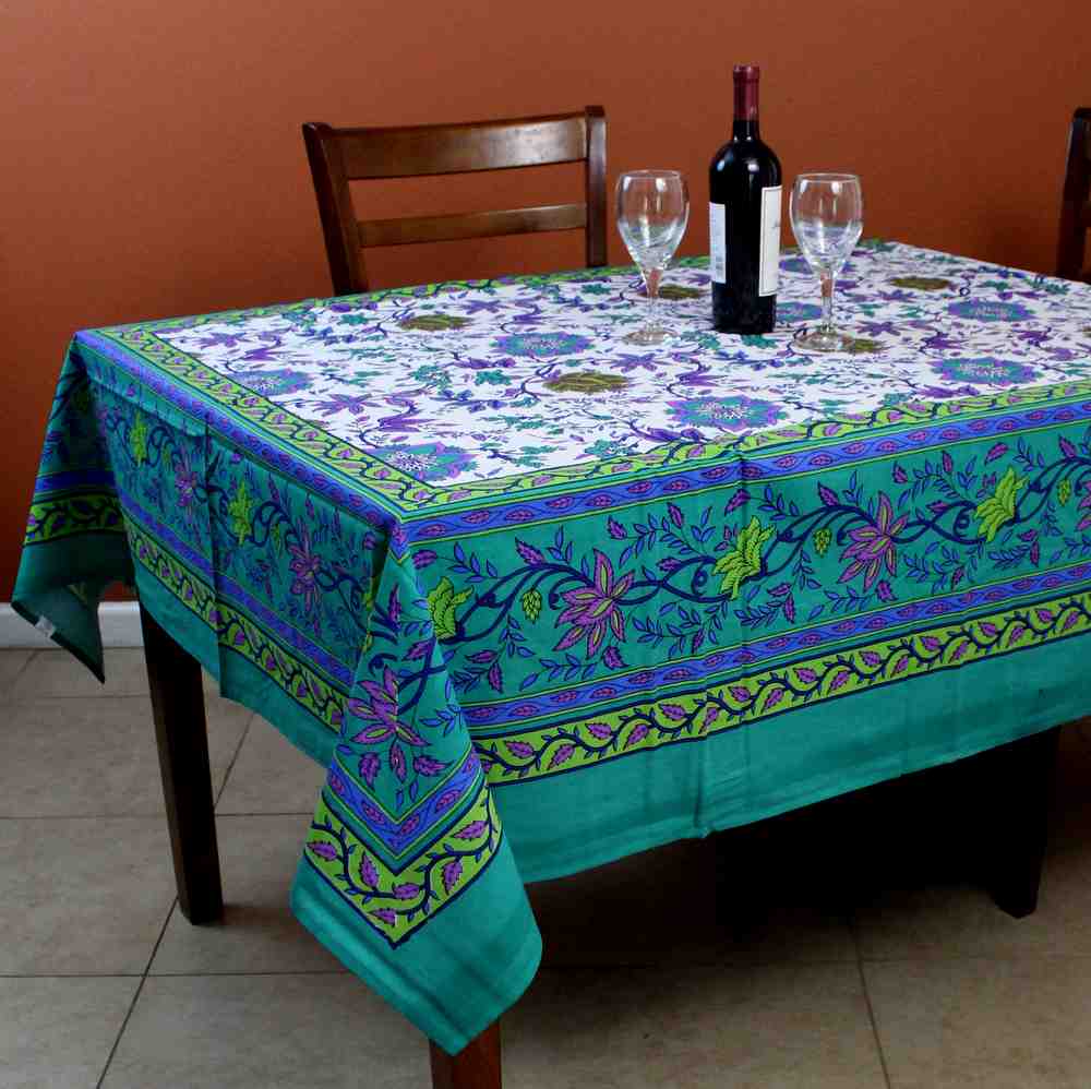 Cotton Floral Tablecloth Rectangle 64x90 Thin Bedspread Blue Green Aquamarine - Sweet Us