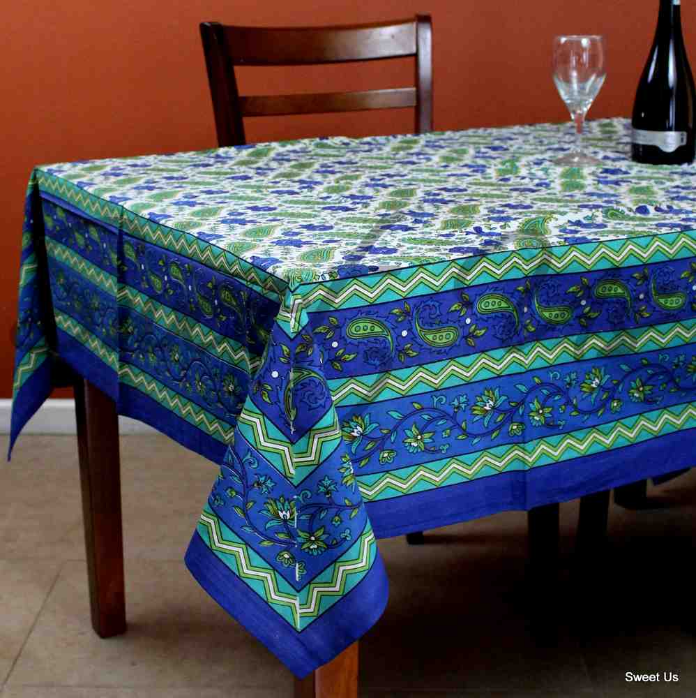 Cotton Floral Paisley Blue Green Tablecloth Rectangle 64x90 for Kitchen Dining - Sweet Us