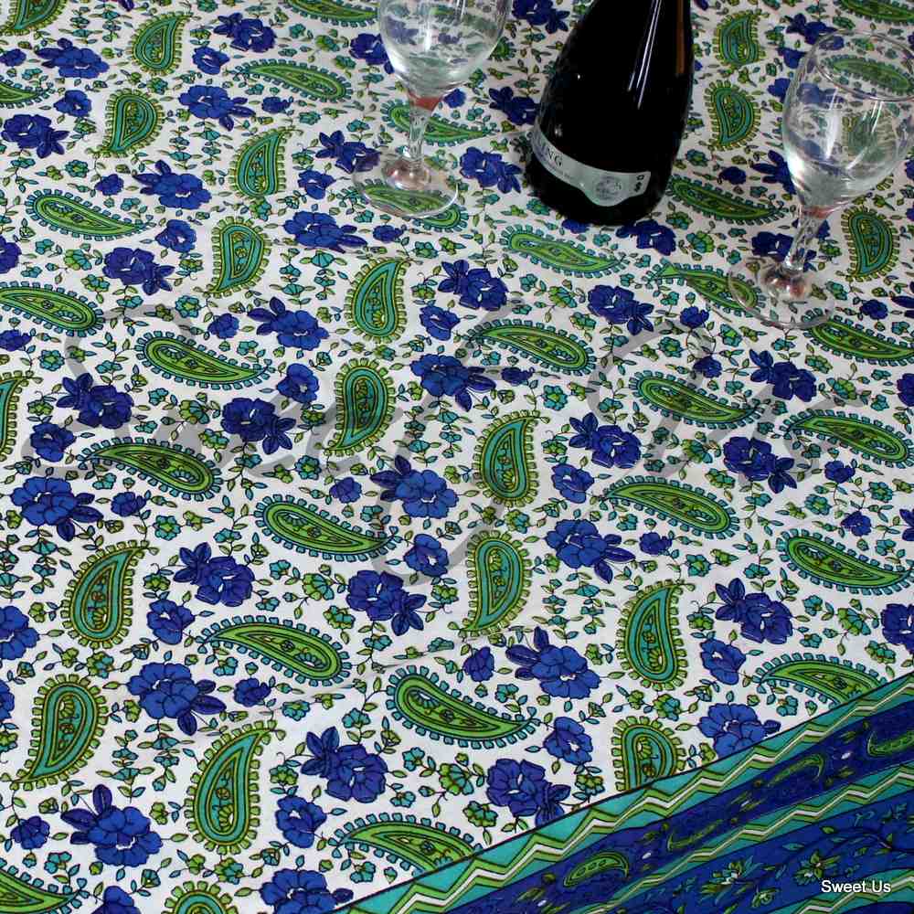 Cotton Paisley Floral Tablecloth Rectangle 85x90 Blue Green White