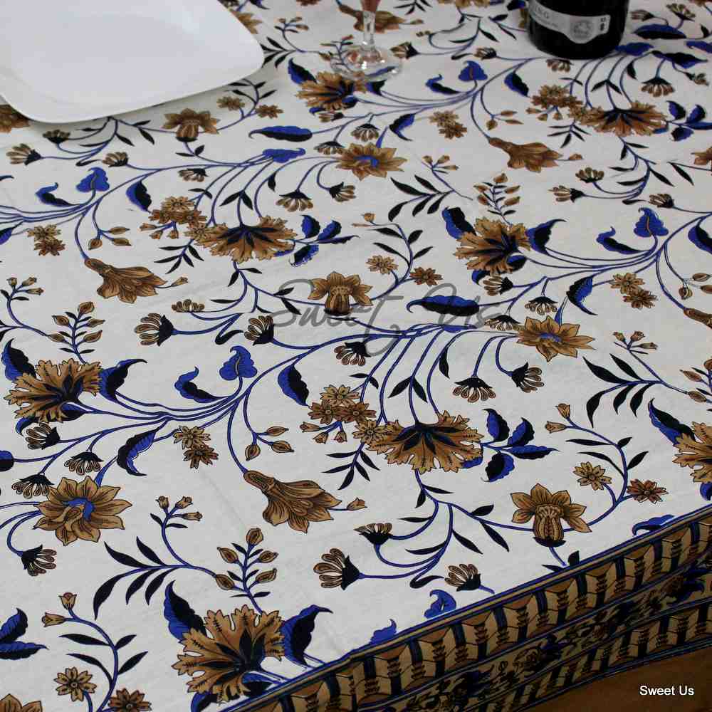 Cotton Floral Tablecloth Rectangle White Brown Green Blue Kitchen Linen