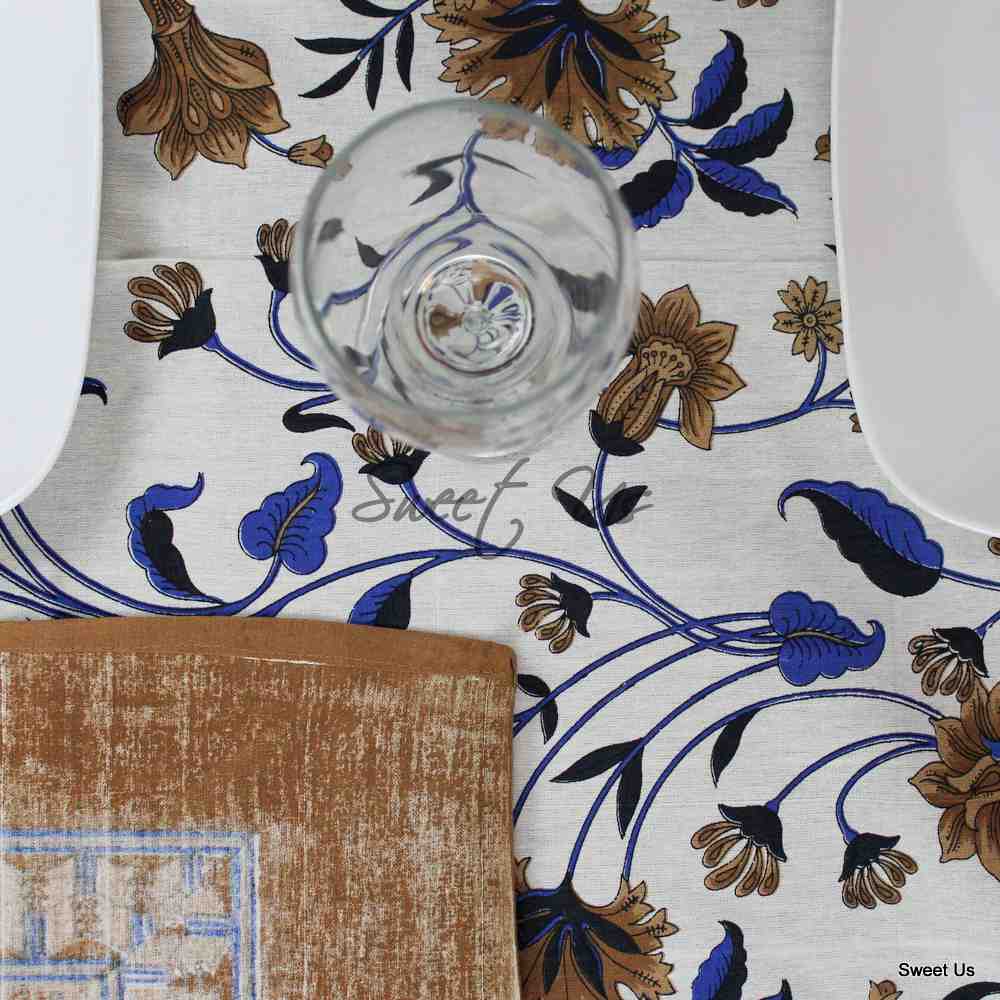 Cotton Floral Tablecloth Rectangle White Brown Green Blue Kitchen Linen