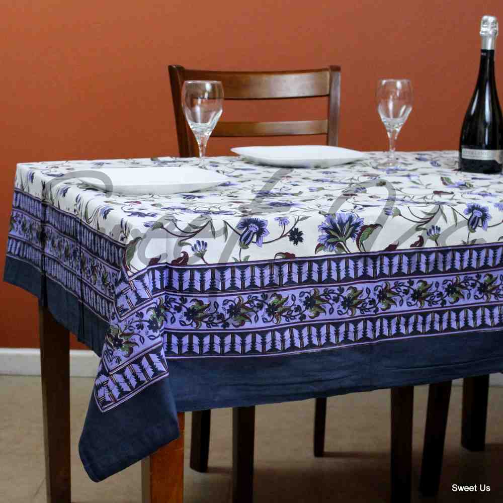 Cotton Floral Tablecloth Rectangle White Brown Green Blue Kitchen Linen