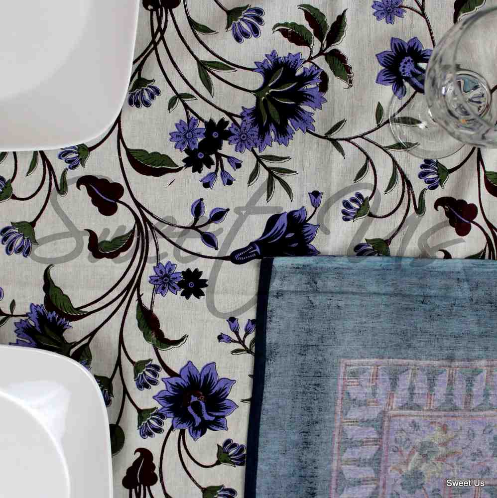Cotton Floral Tablecloth Rectangle White Brown Green Blue Kitchen Linen