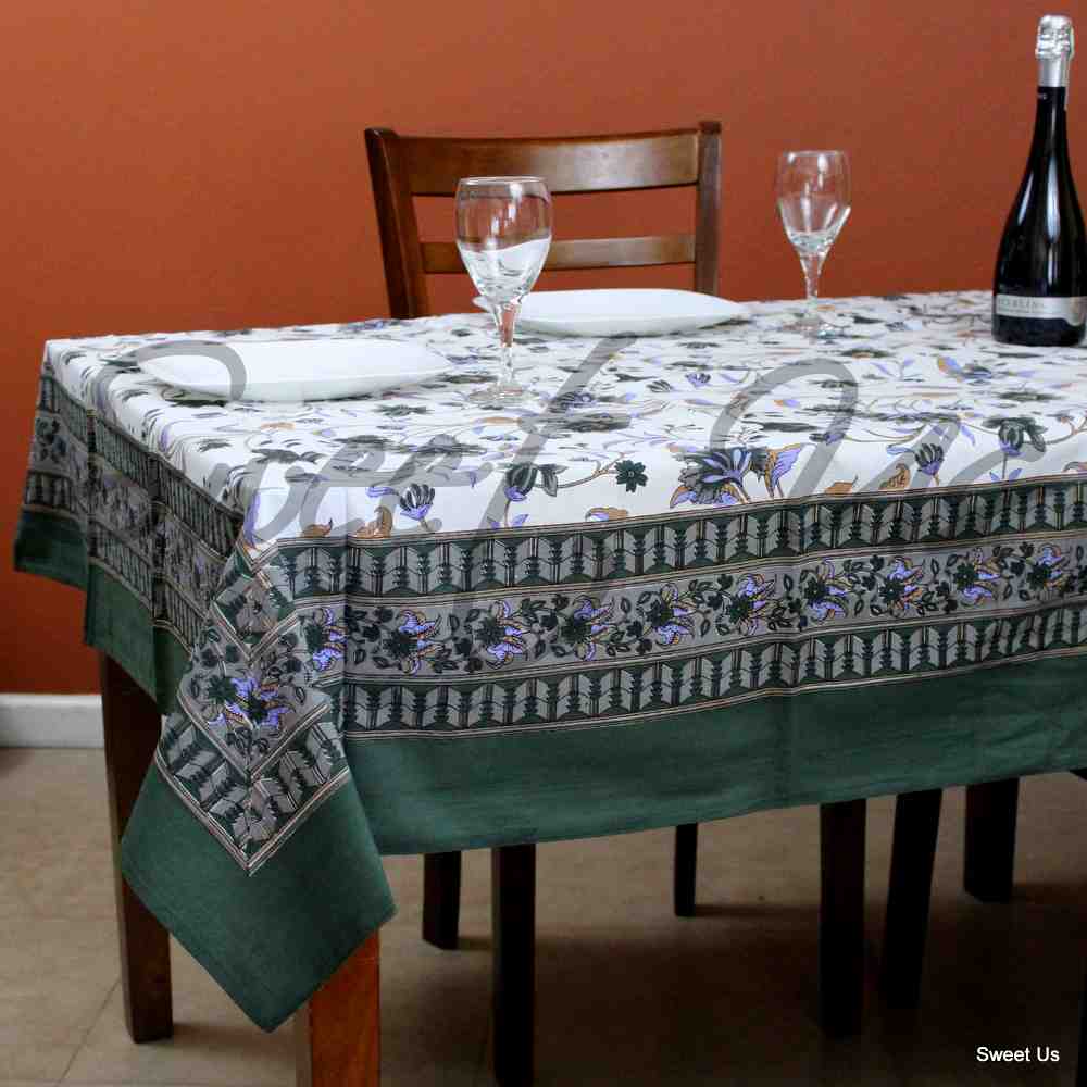 Cotton Floral Tablecloth Rectangle White Brown Green Blue Kitchen Linen