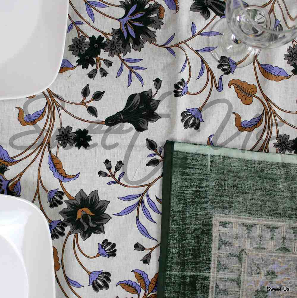 Cotton Floral Tablecloth Rectangle White Brown Green Blue Kitchen Linen