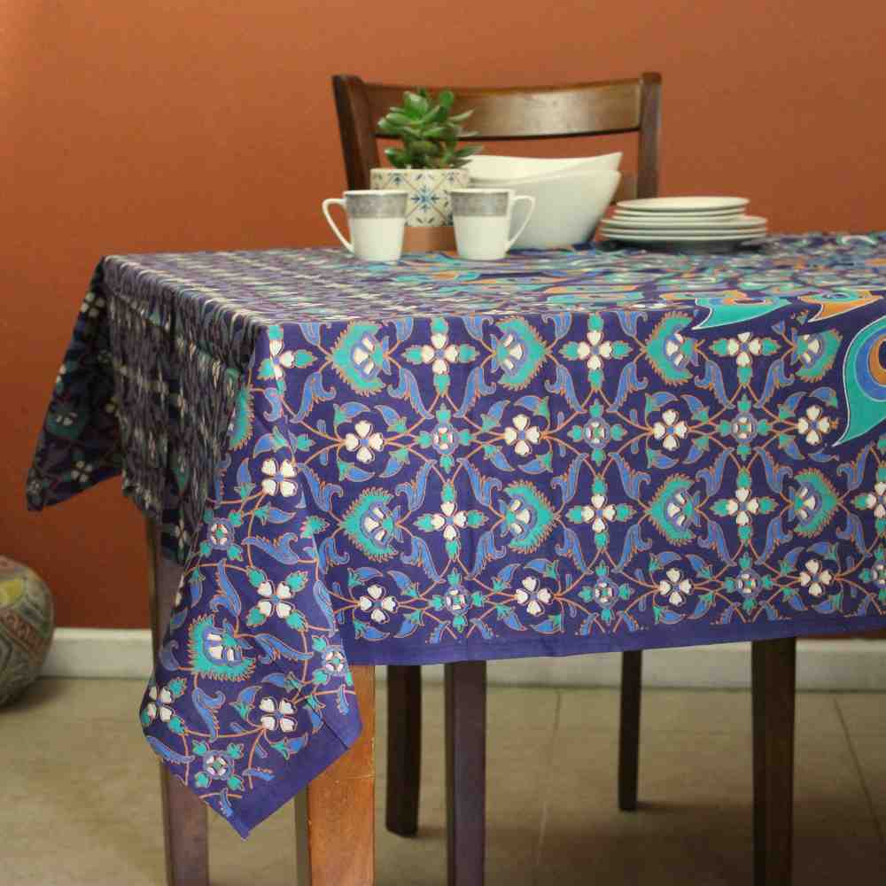 Cotton Floral Peacock Feather Tablecloth Rectangle Blue Gold Turquoise