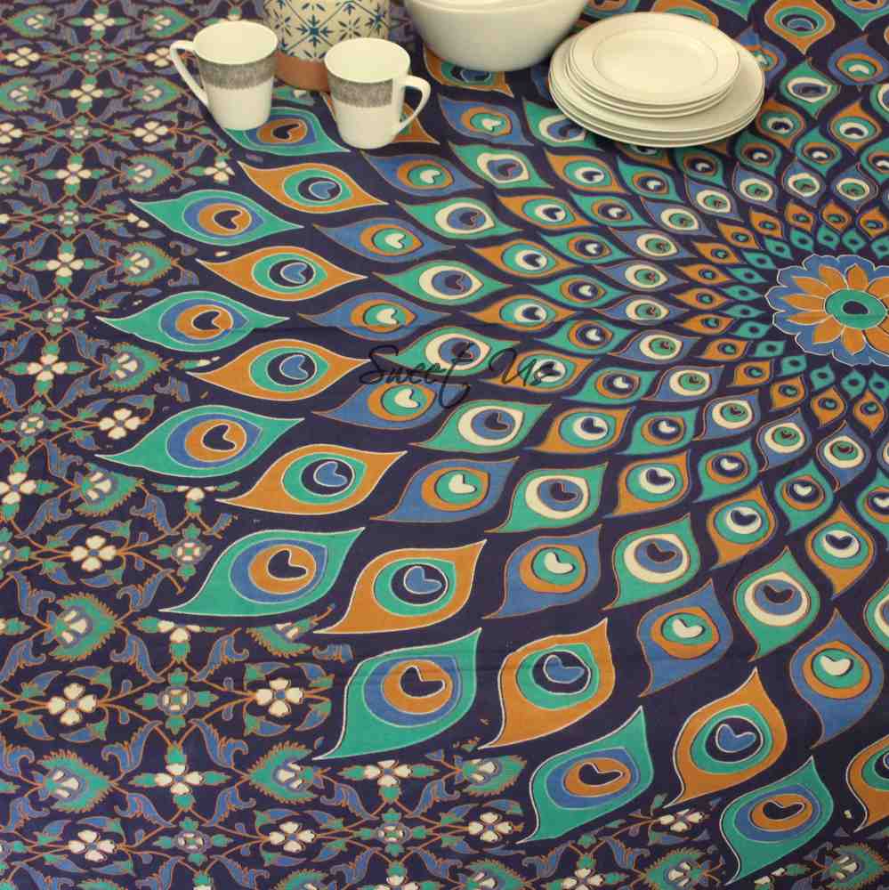 Cotton Floral Peacock Feather Tablecloth Rectangle Blue Gold Turquoise