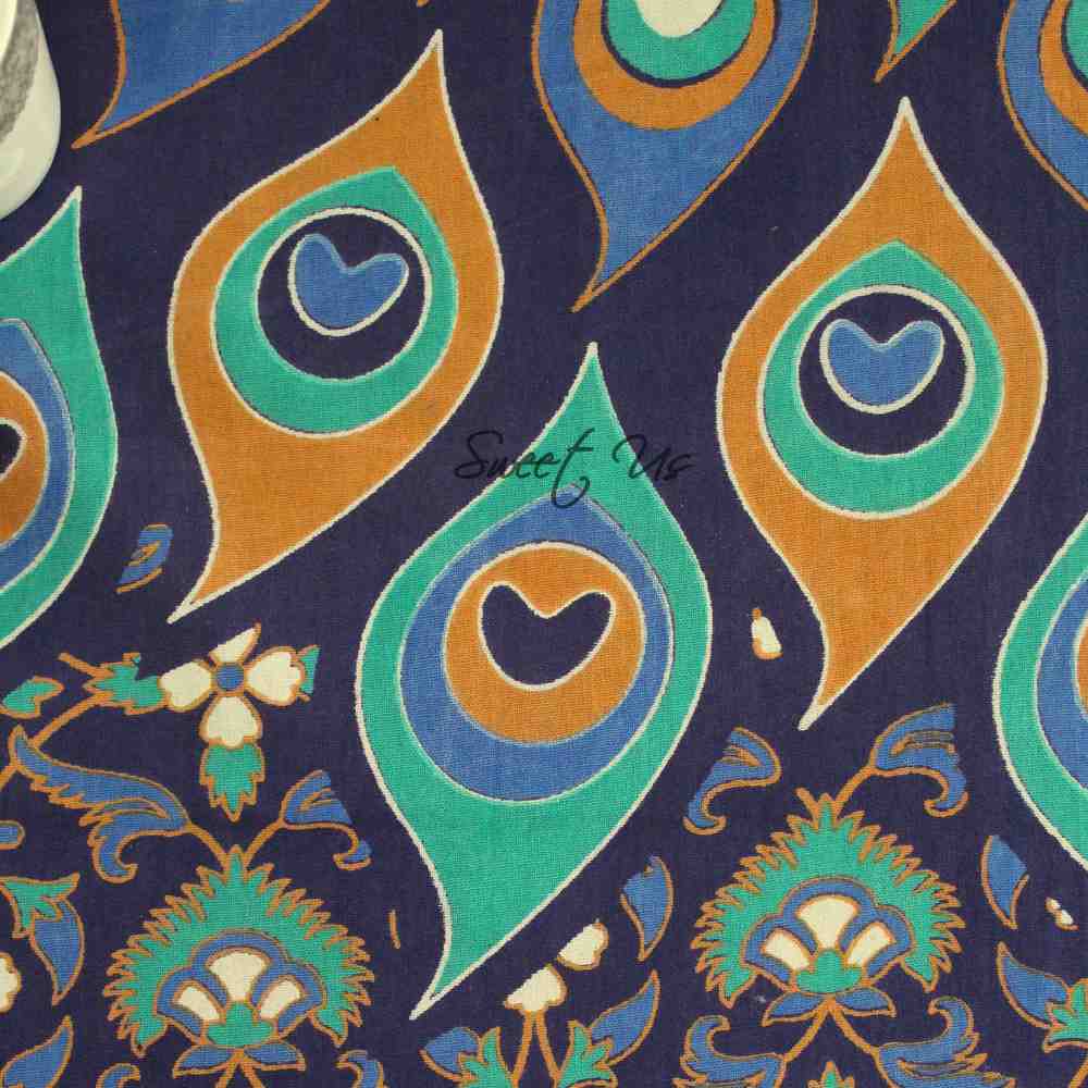 Cotton Floral Peacock Feather Tablecloth Rectangle Blue Gold Turquoise