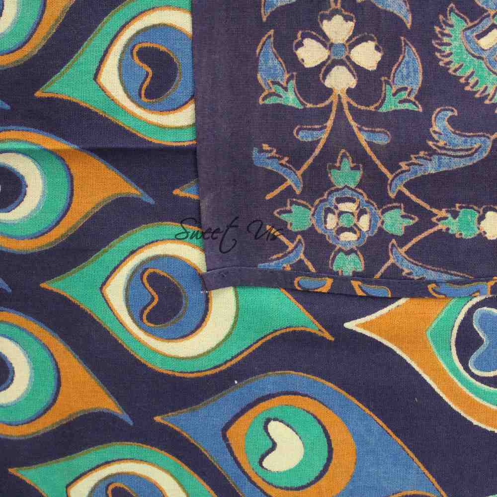 Cotton Floral Peacock Feather Tablecloth Rectangle Blue Gold Turquoise