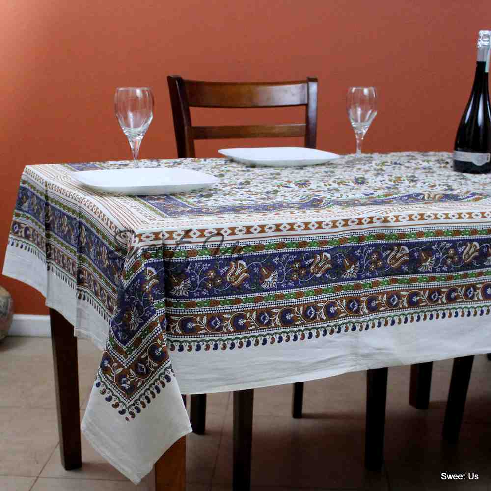 Cotton Floral Tablecloth Rectangle White Purple Kitchen Dining Linen