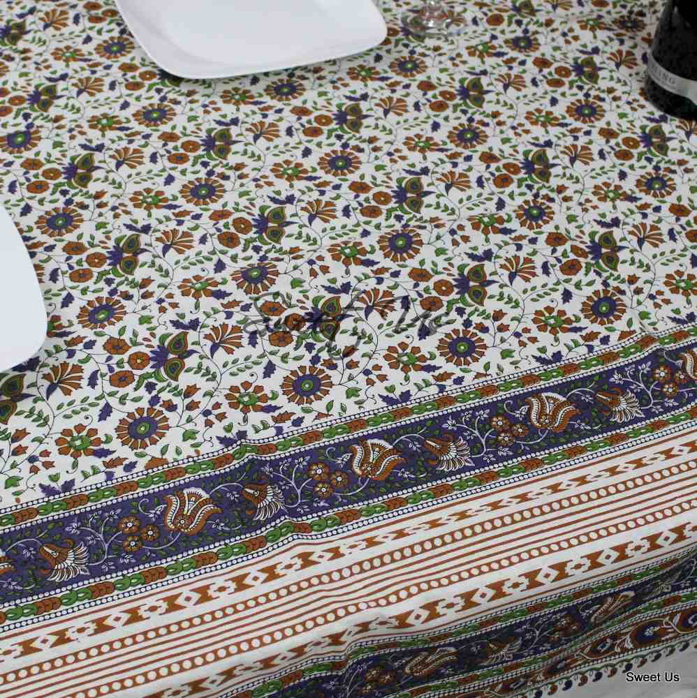 Cotton Floral Tablecloth Rectangle White Purple Kitchen Dining Linen