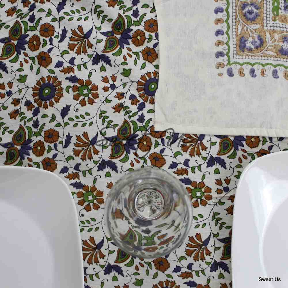 Cotton Floral Tablecloth Rectangle White Purple Kitchen Dining Linen