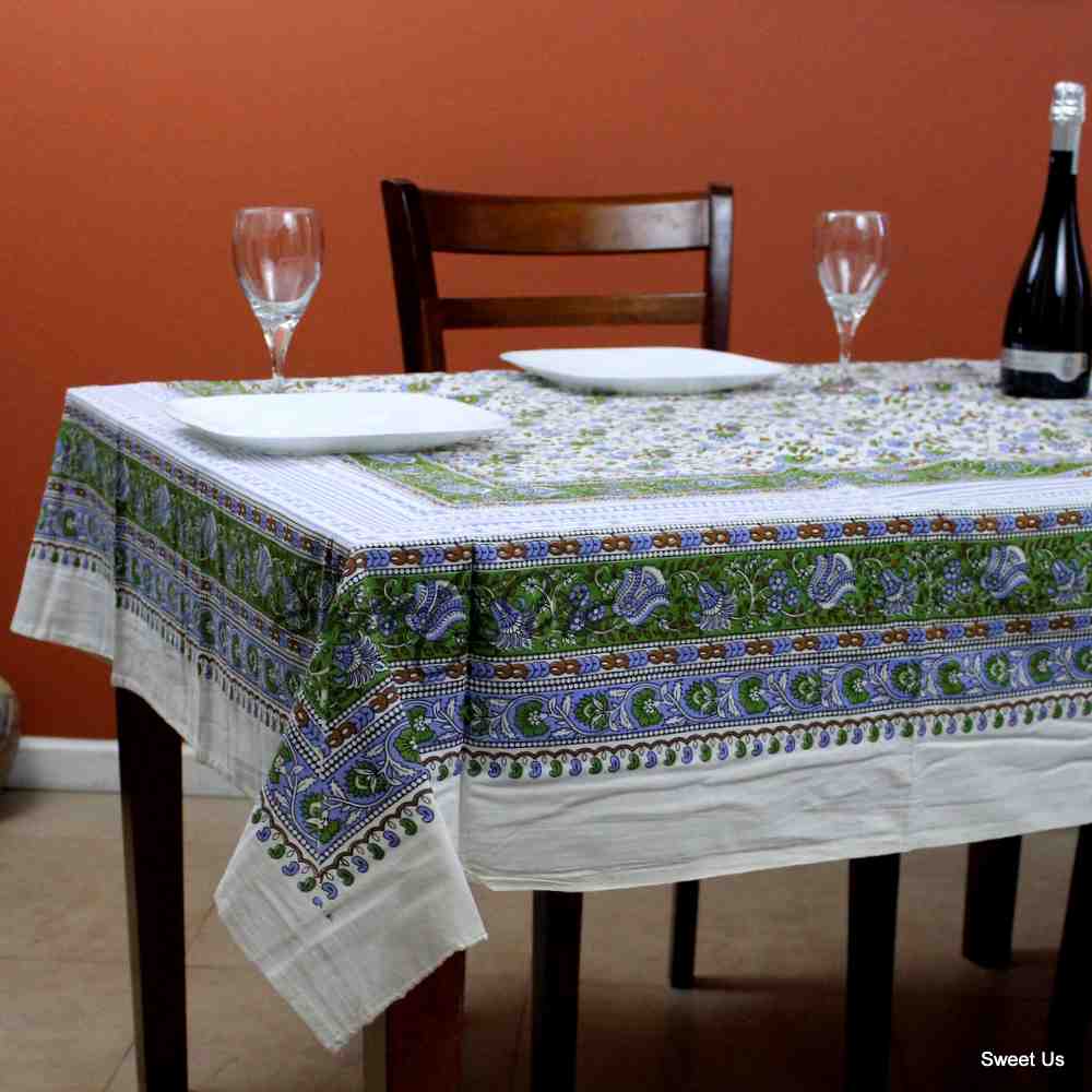 Cotton Floral Tablecloth Rectangle White Green Purple Kitchen Dining Linen