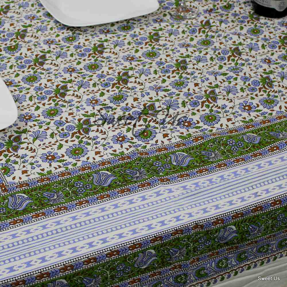 Cotton Floral Tablecloth Rectangle White Green Purple Kitchen Dining Linen