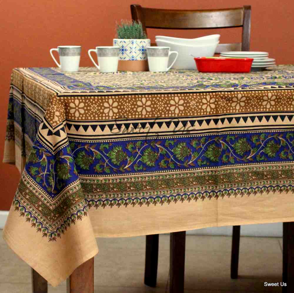 Cotton Floral Tablecloth Rectangle Red Gold Gray Black Tan Dining Linen