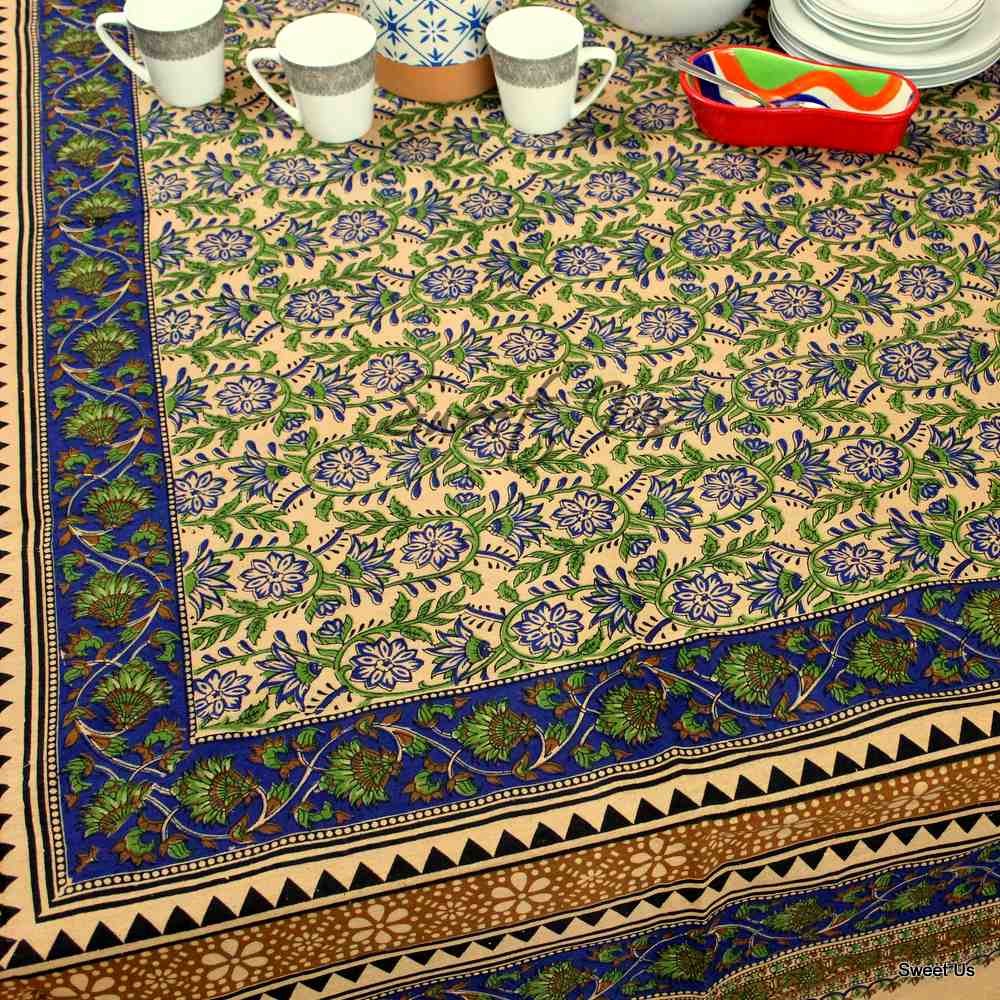 Cotton Floral Tablecloth Rectangle Red Gold Gray Black Tan Dining Linen