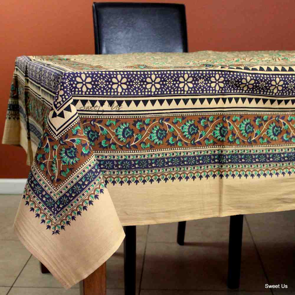 Cotton Floral Tablecloth Rectangle Red Gold Gray Black Tan Dining Linen