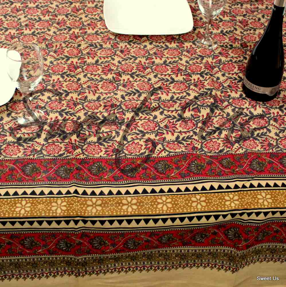 Cotton Floral Tablecloth Rectangle Red Gold Gray Black Tan Dining Linen