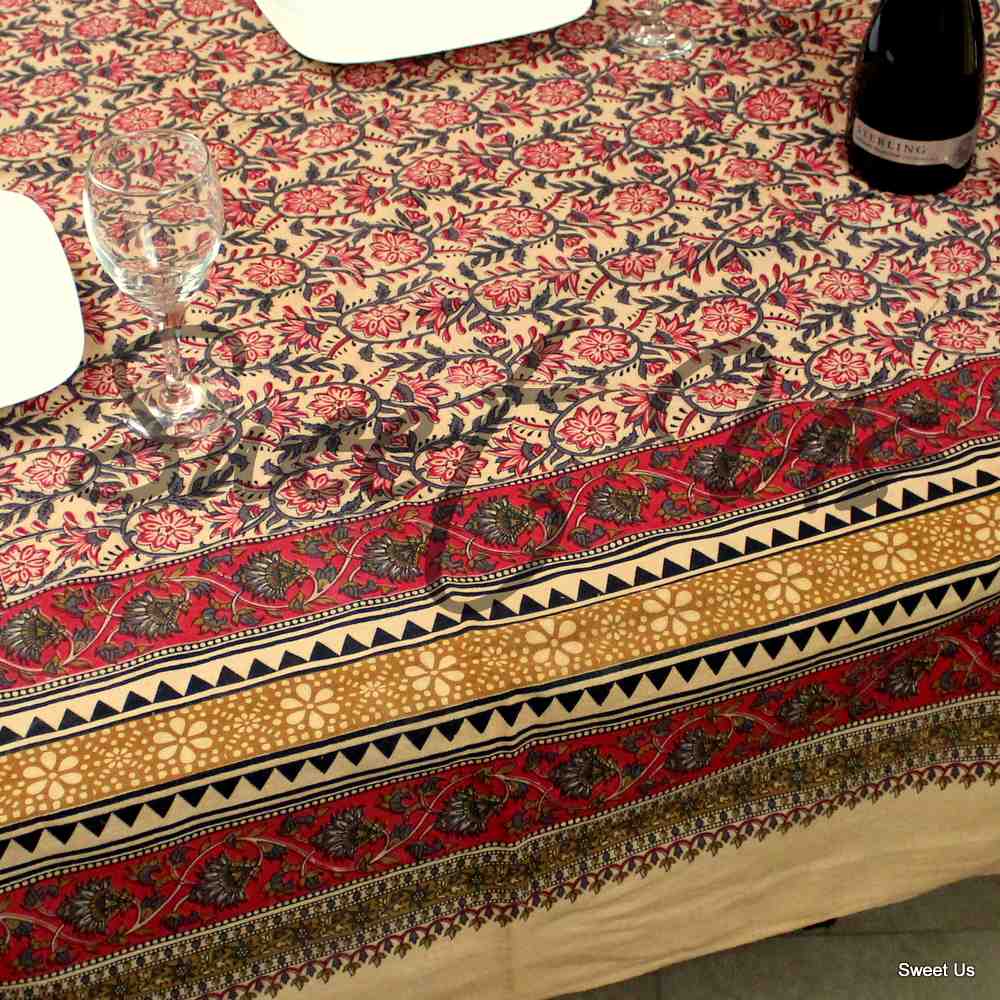 Cotton Floral Tablecloth Rectangle Red Gold Gray Black Tan Dining Linen