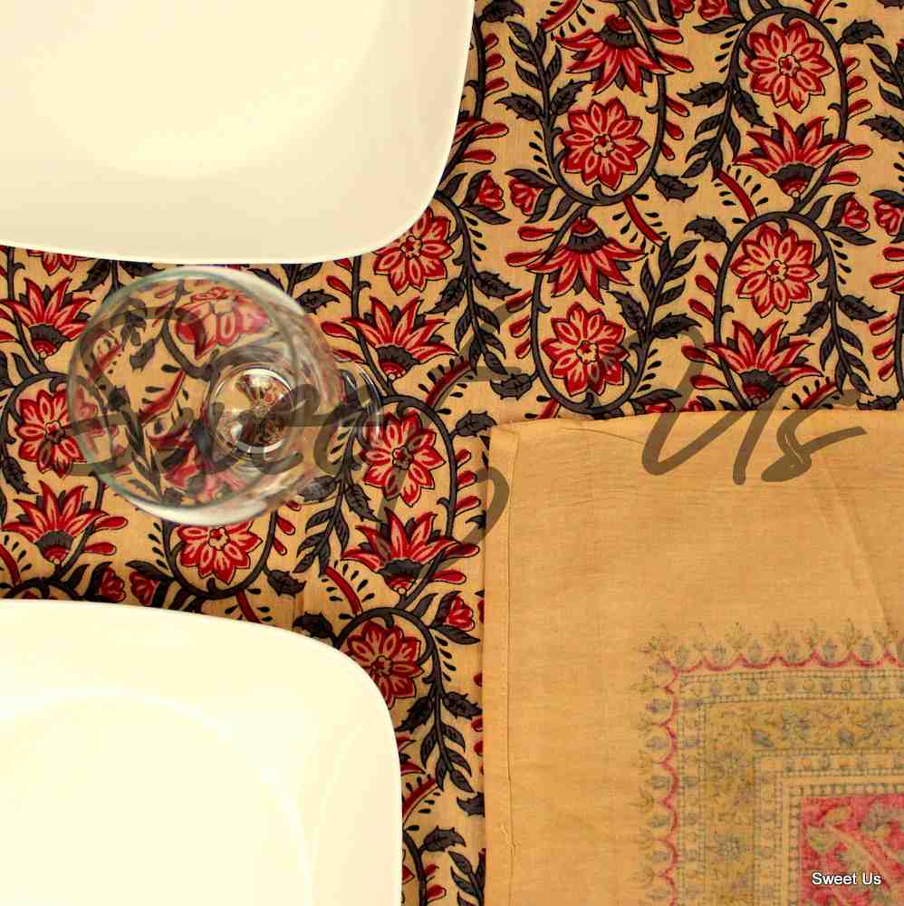 Cotton Floral Tablecloth Rectangle Red Gold Gray Black Tan Dining Linen