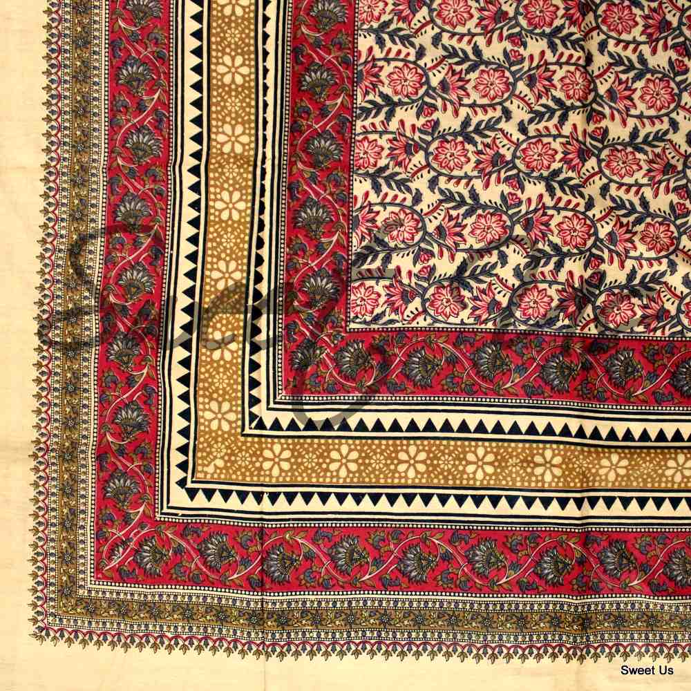 Cotton Floral Tablecloth Rectangle Red Gold Gray Black Tan Dining Linen