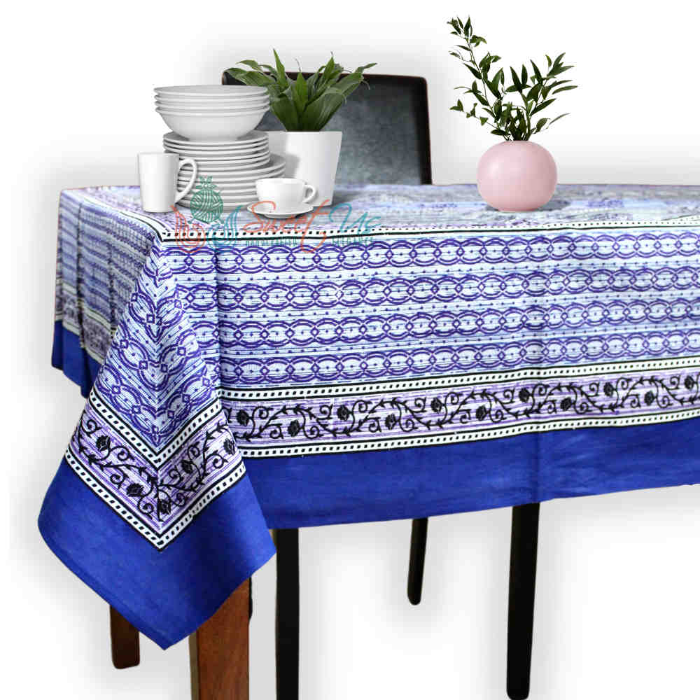 Cotton Floral Tablecloth Rectangle Blue