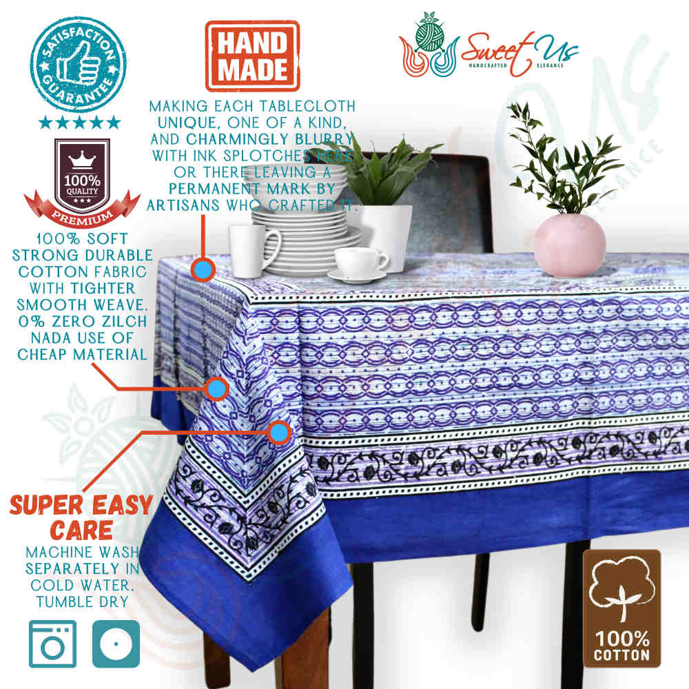 Cotton Floral Tablecloth Rectangle Blue