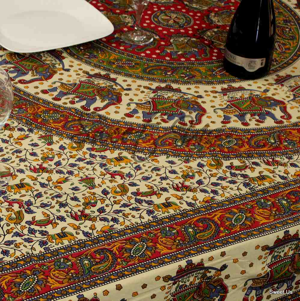 Cotton Elephant Mandala Floral Tablecloth Rectangle Red Beige Green Blue