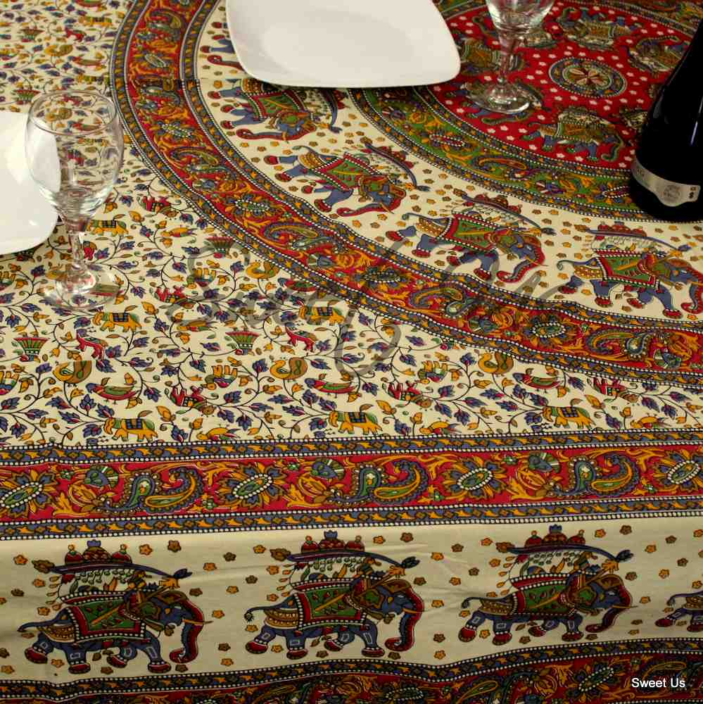 Cotton Elephant Mandala Floral Tablecloth Rectangle Red Beige Green Blue