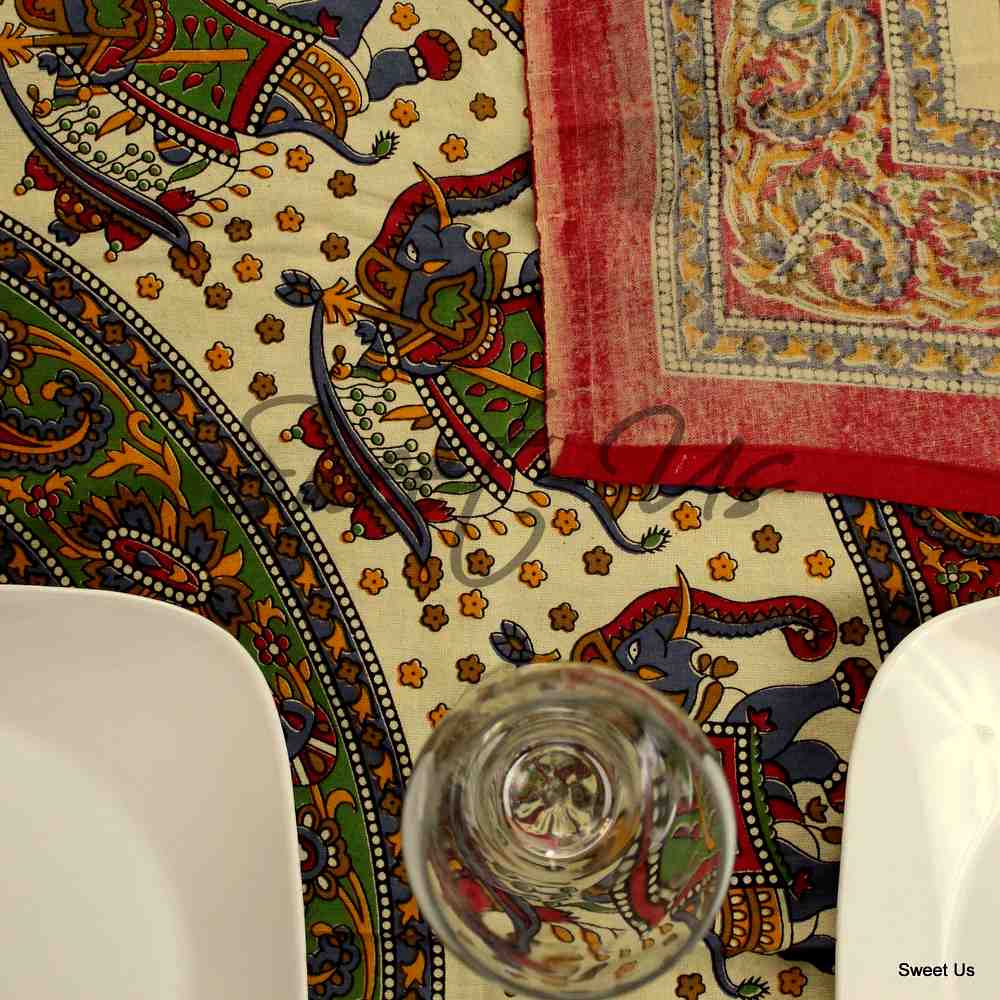 Cotton Elephant Mandala Floral Tablecloth Rectangle Red Beige Green Blue