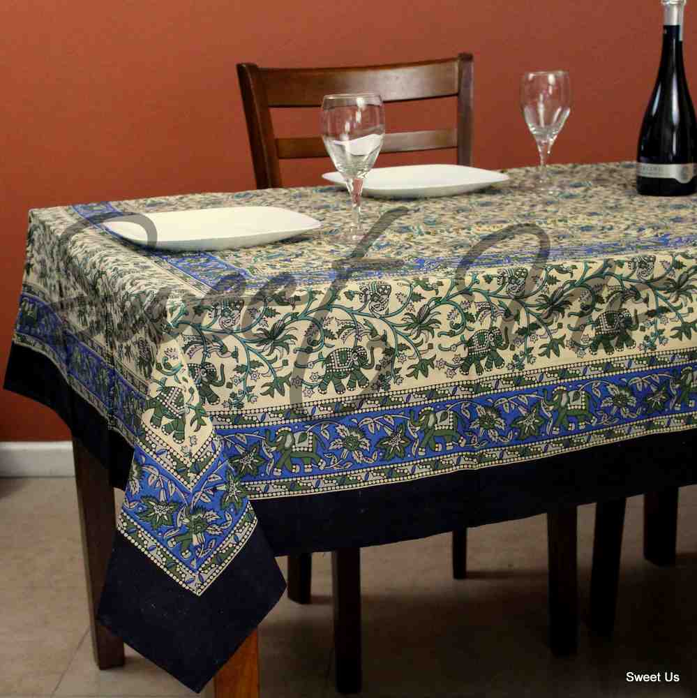 Cotton Elephant Floral Tablecloth Rectangle Red Blue Green Black Beige