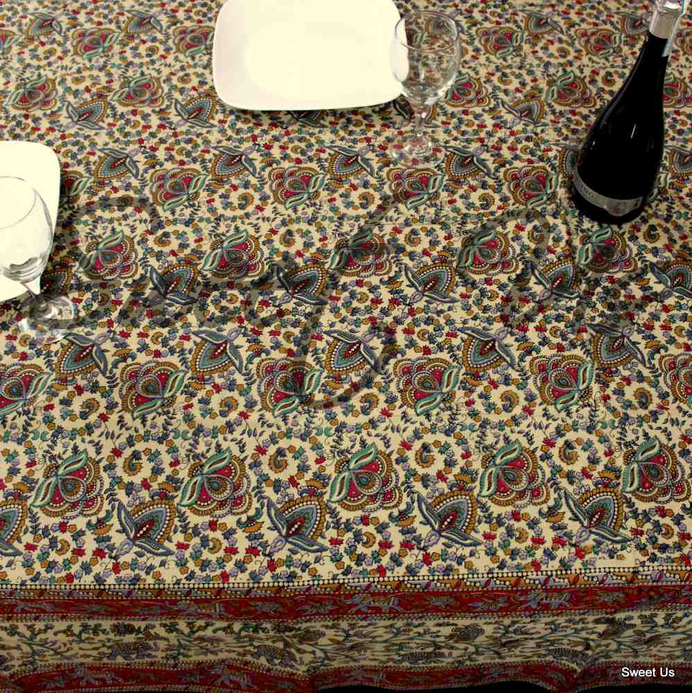 Cotton Elephant Floral Tablecloth Rectangle Red Blue Green Black Beige