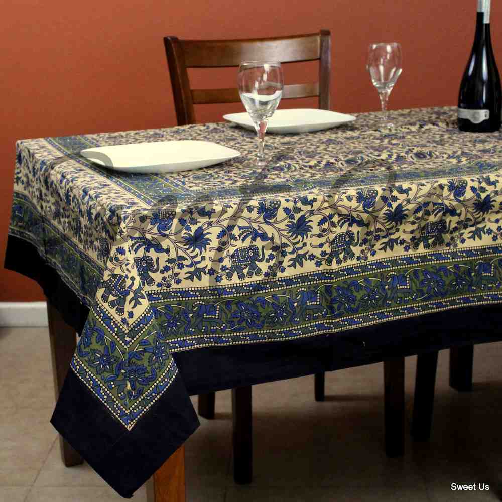Cotton Elephant Floral Tablecloth Rectangle Red Blue Green Black Beige