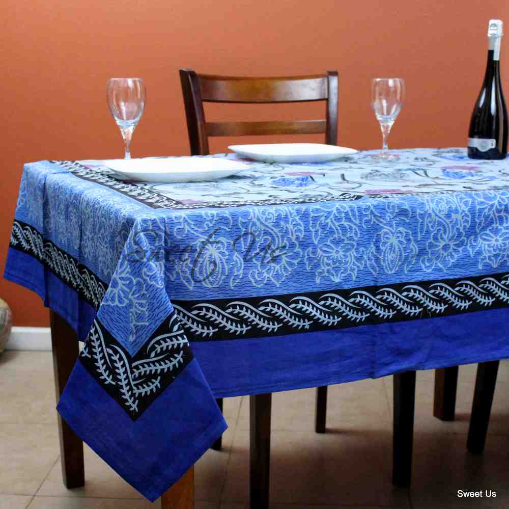 Cotton Floral Tablecloth Rectangle White Blue Gray Pink Kitchen Dining Linen