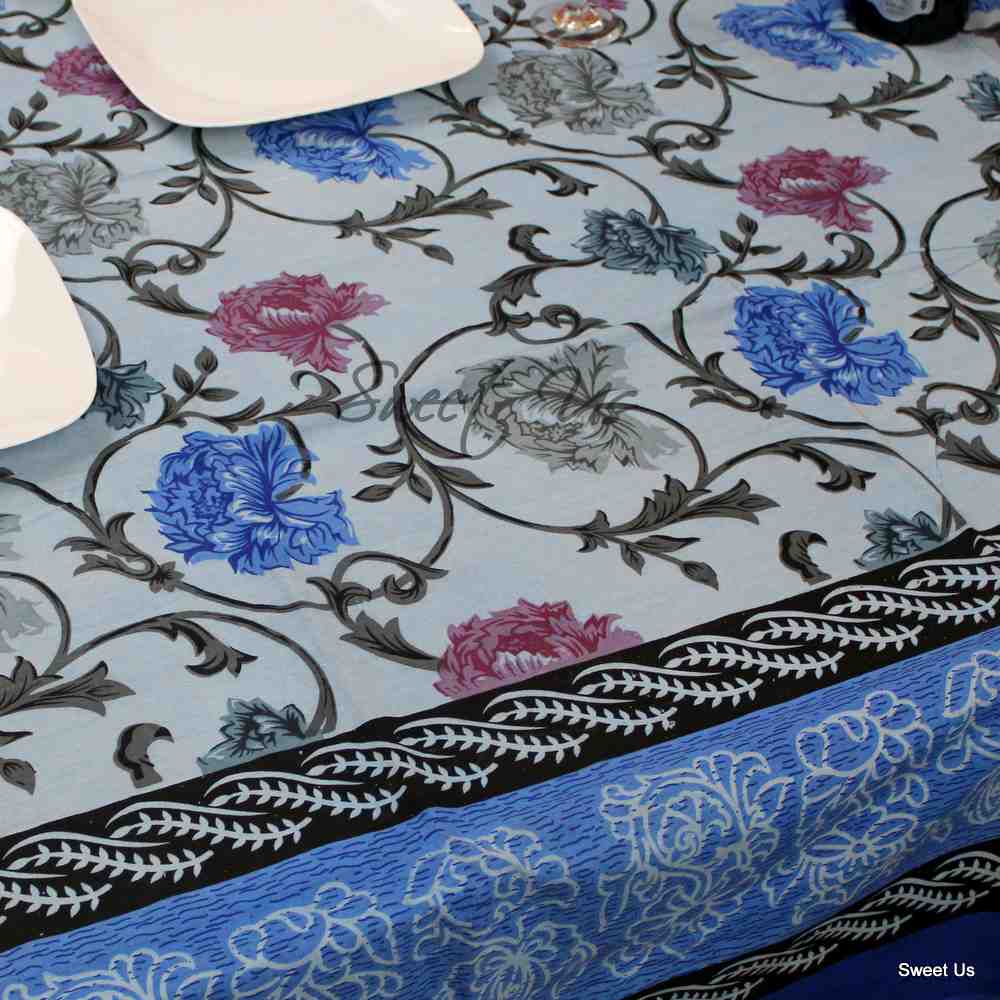 Cotton Floral Tablecloth Rectangle White Blue Gray Pink Kitchen Dining Linen