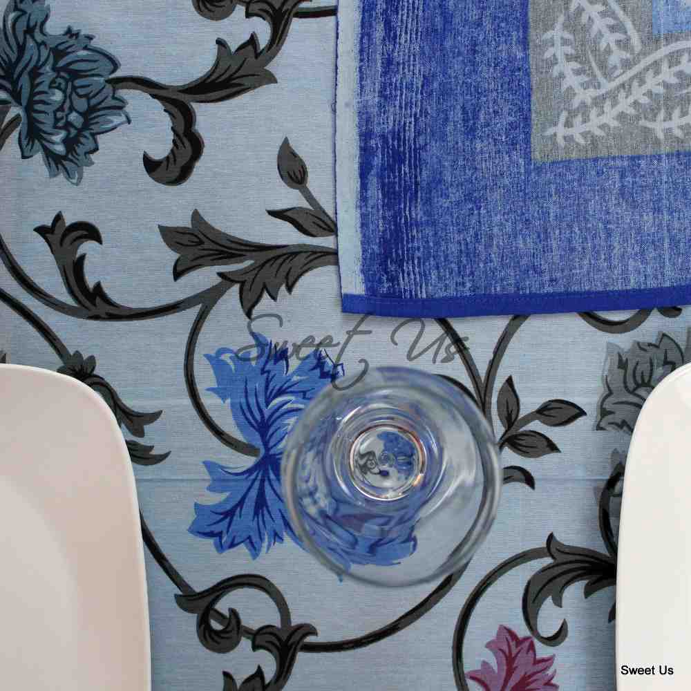 Cotton Floral Tablecloth Rectangle White Blue Gray Pink Kitchen Dining Linen