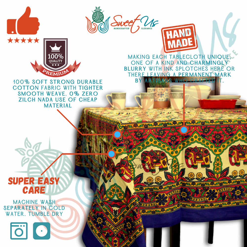 Cotton Elephant Floral Tablecloth Rectangle Blue Red Green Kitchen Dining Linen
