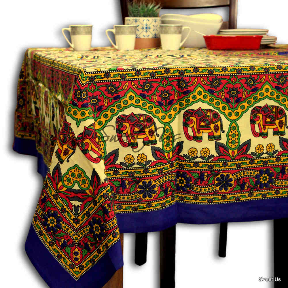 Cotton Elephant Floral Tablecloth Rectangle Blue Red Green Kitchen Dining Linen