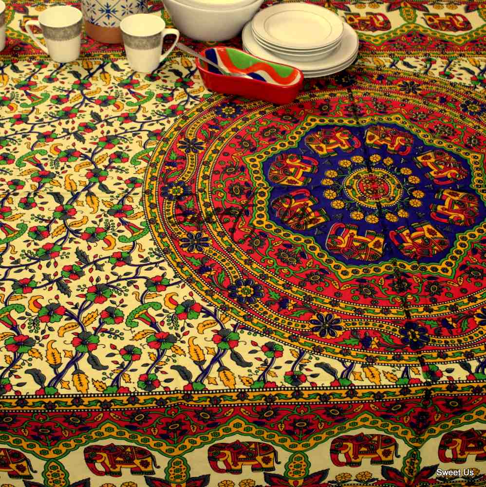 Cotton Elephant Floral Tablecloth Rectangle Blue Red Green Kitchen Dining Linen