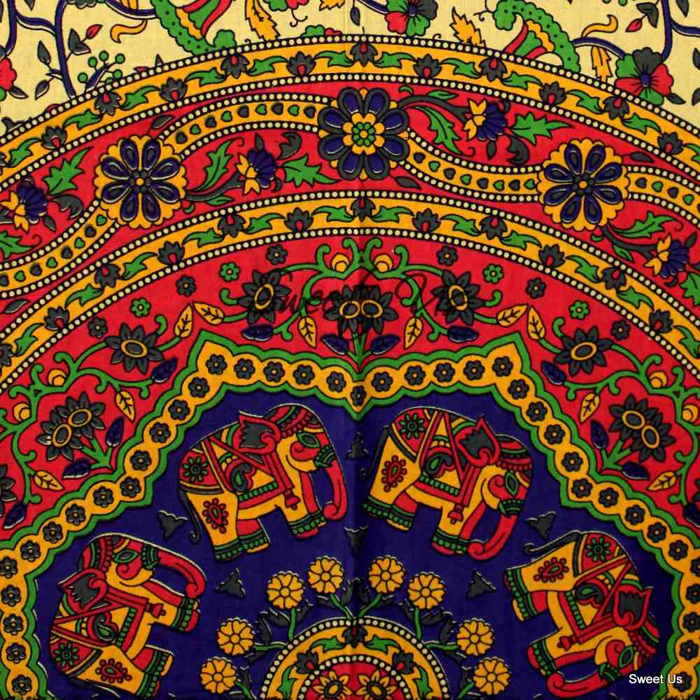 Cotton Elephant Floral Tablecloth Rectangle Blue Red Green Kitchen Dining Linen