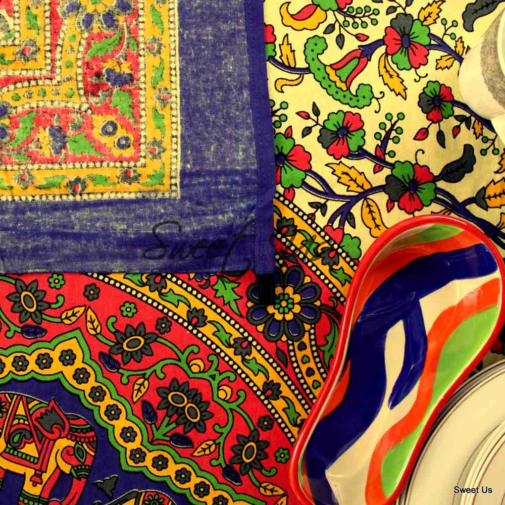 Cotton Elephant Floral Tablecloth Rectangle Blue Red Green Kitchen Dining Linen