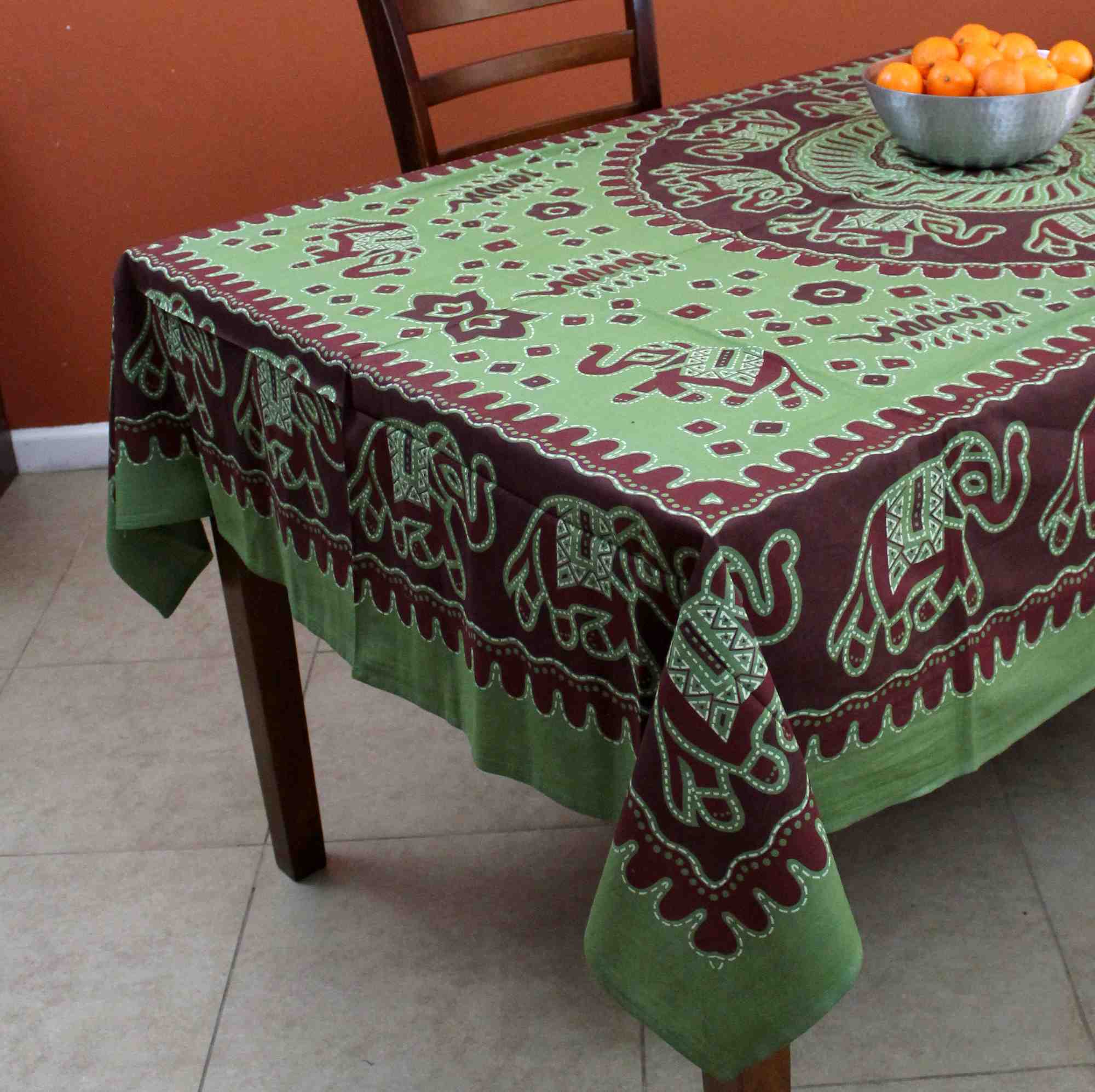 Handmade Elephant Mandala Cotton Tablecloth Rectangular 60 x 90 inches Green Purple Turquoise - Sweet Us
