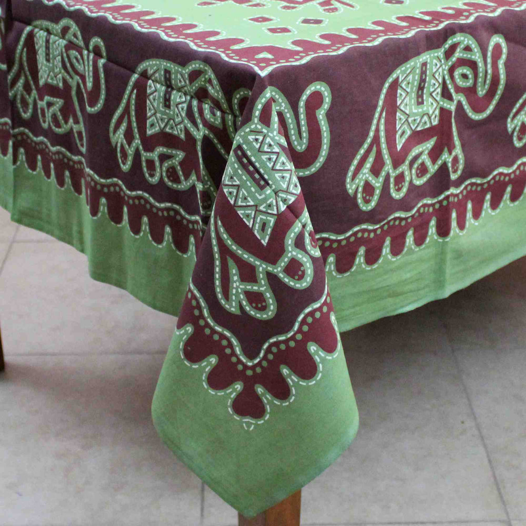 Handmade Elephant Mandala Cotton Tablecloth Rectangular 60 x 90 inches Green Purple Turquoise - Sweet Us