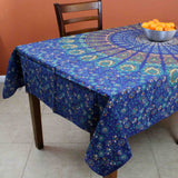 Handmade Sanganer Peacock Mandala Cotton Tablecloth Blue 72 inches Round 60 x 90 inches Rectangular - Sweet Us