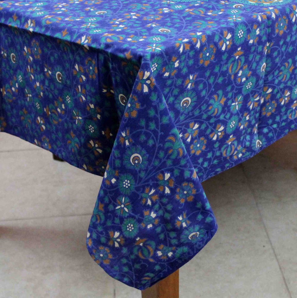 Handmade Sanganer Peacock Mandala Cotton Tablecloth Blue 72 inches Round 60 x 90 inches Rectangular - Sweet Us
