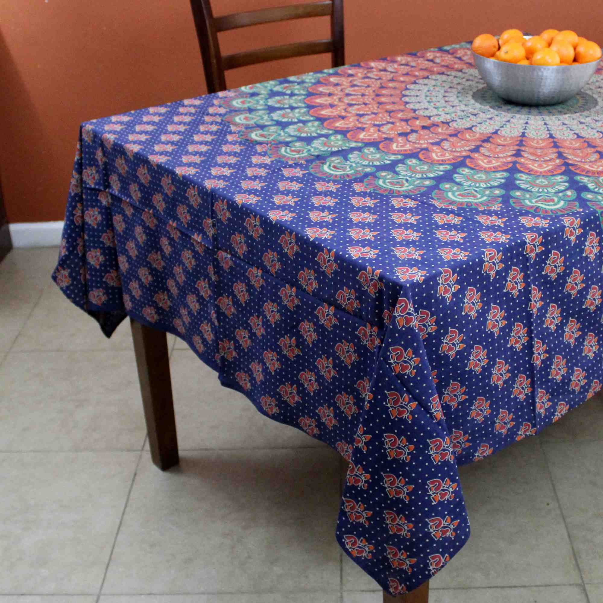 Sanganer Peacock Mandala Round Tablecloth Rectangular 58 x 90 inches 72-inch Green - Sweet Us