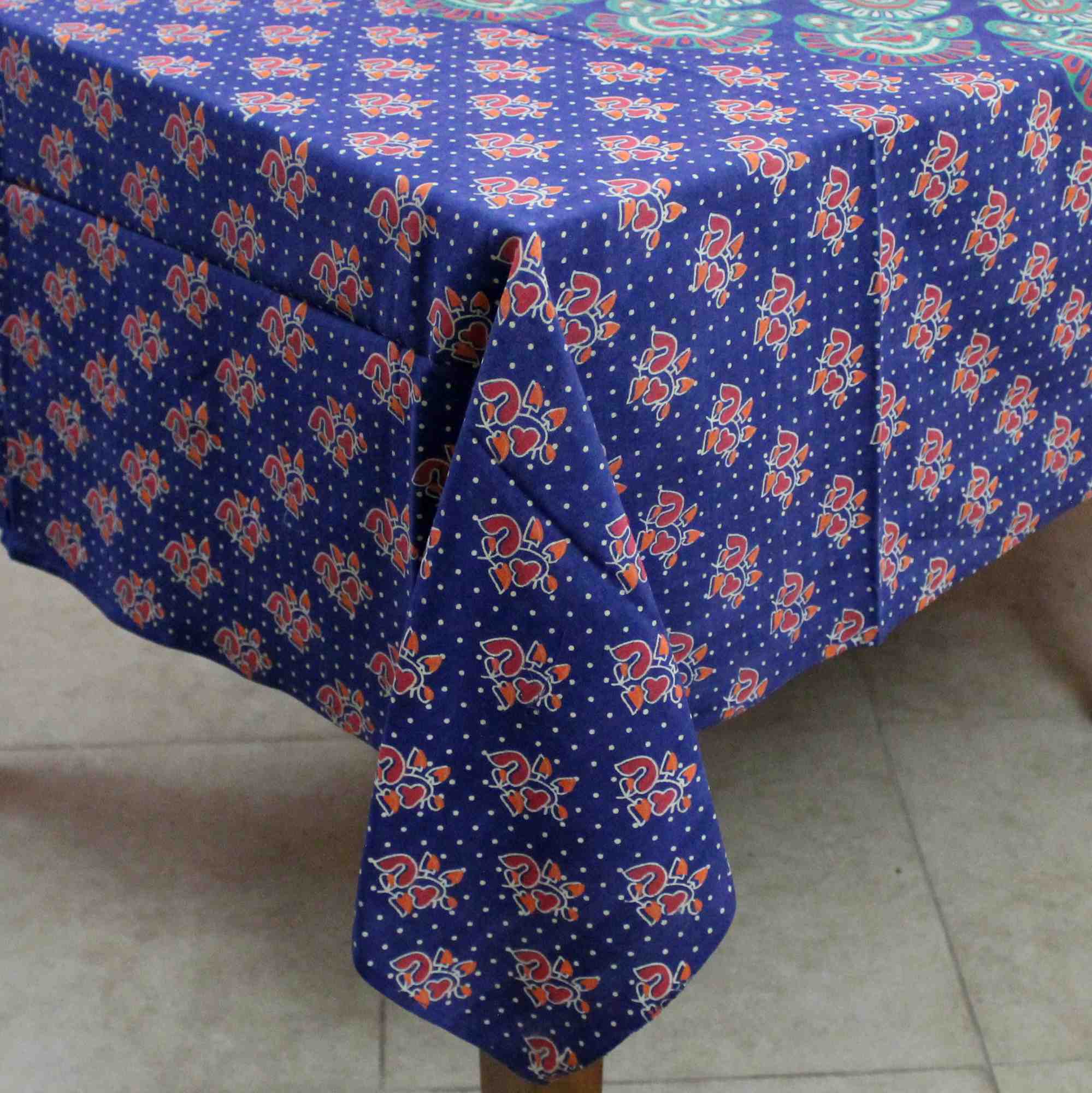 Sanganer Peacock Mandala Round Tablecloth Rectangular 58 x 90 inches 72-inch Green - Sweet Us