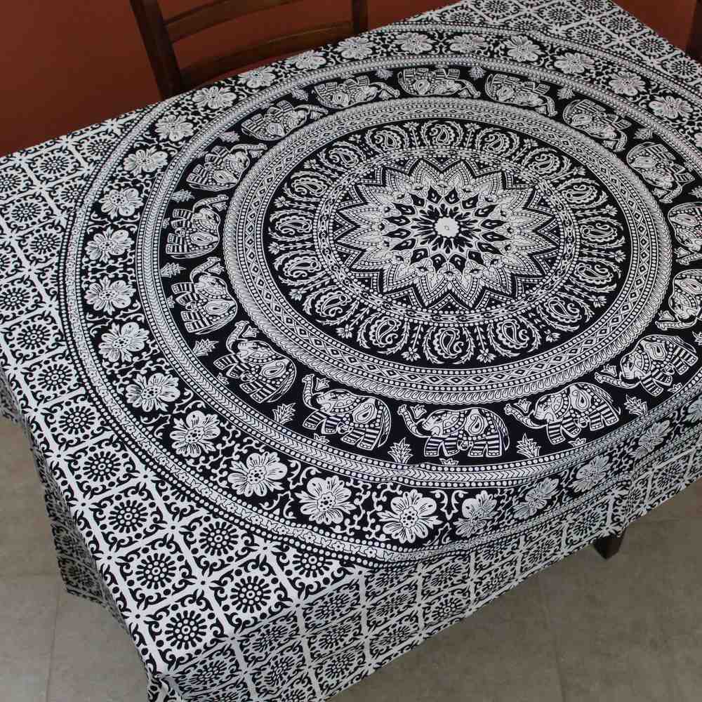 Cotton Elephant Floral Paisley Tablecloth Rectangular Blue Pink Orange Black White - Sweet Us
